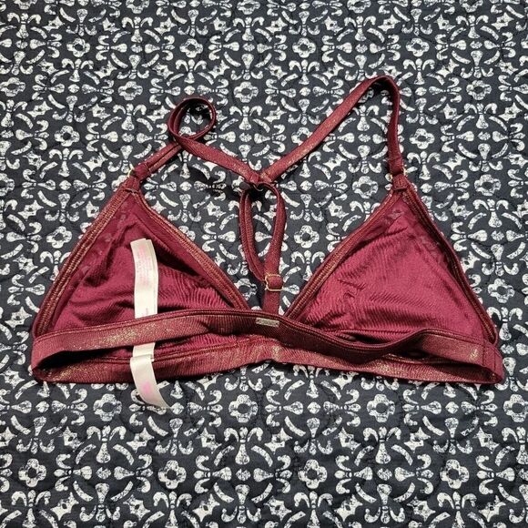 NWOT VS PINK Maroon Gold Shimmer Triangle Mesh Workout Athletic Unlined Bralette - Picture 3 of 6